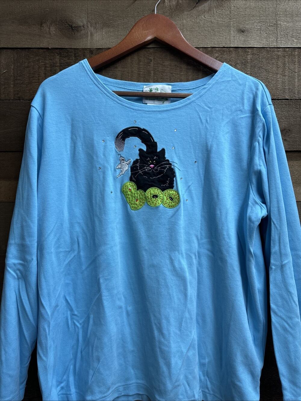 Quacker Factory Boo Cat Ghost Halloween Light Blue Rhinestone Knit Shirt 1X